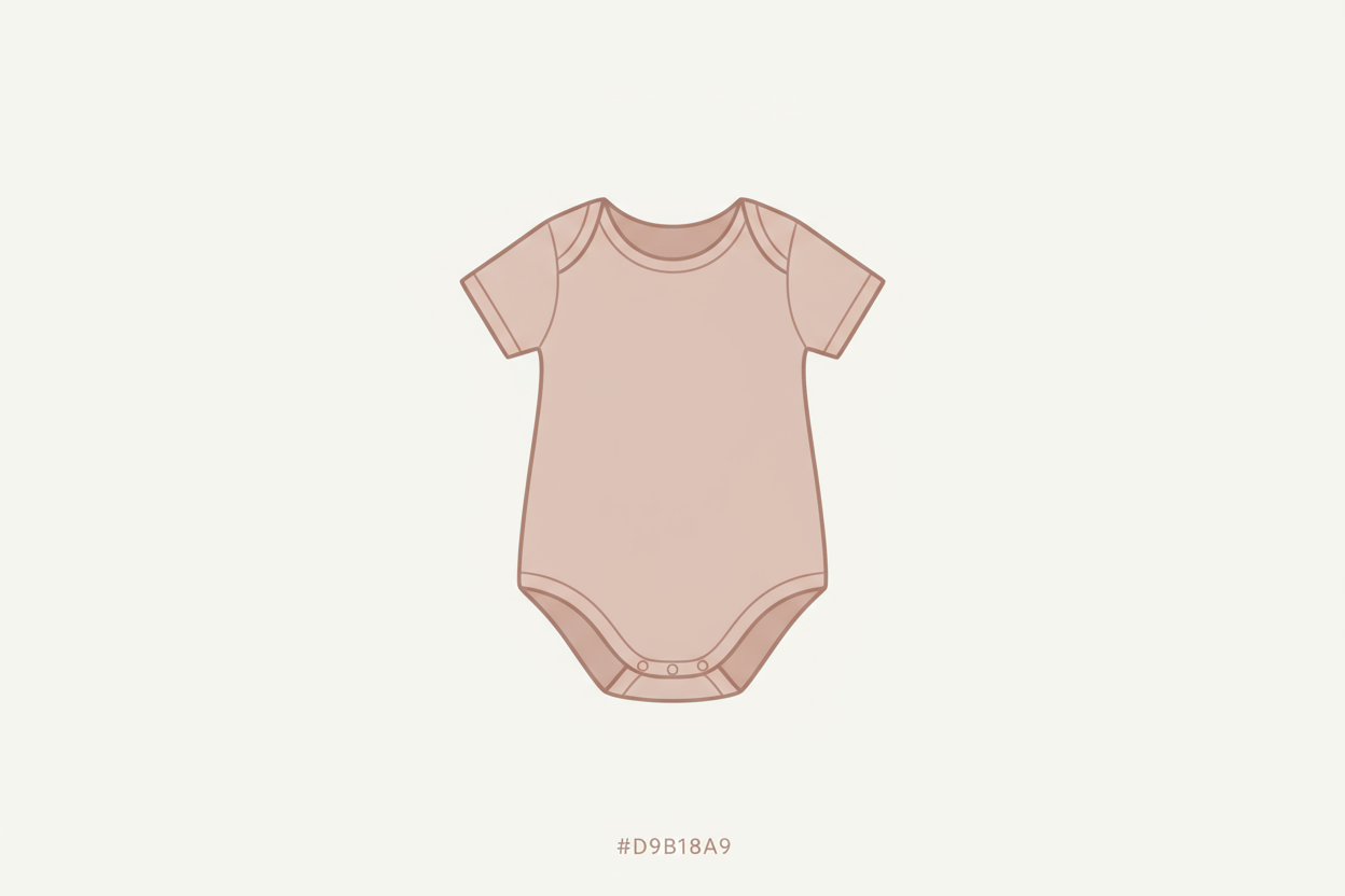 Illustration minimaliste d’un body pour bébé avec des lignes douces et épurées, dans la couleur #D9B8A9 sur un fond #FFF9F9. Style moderne, apaisant et féminin, sans texte.
