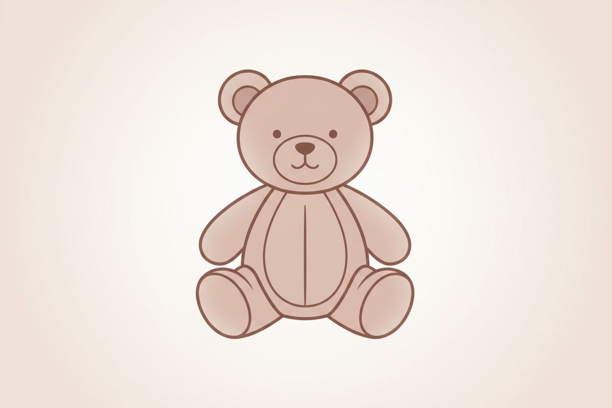 Illustration minimaliste d’un ours en peluche stylisé, dans la couleur #D9B8A9 sur un fond #FFF9F9. Ambiance calme et rassurante.
